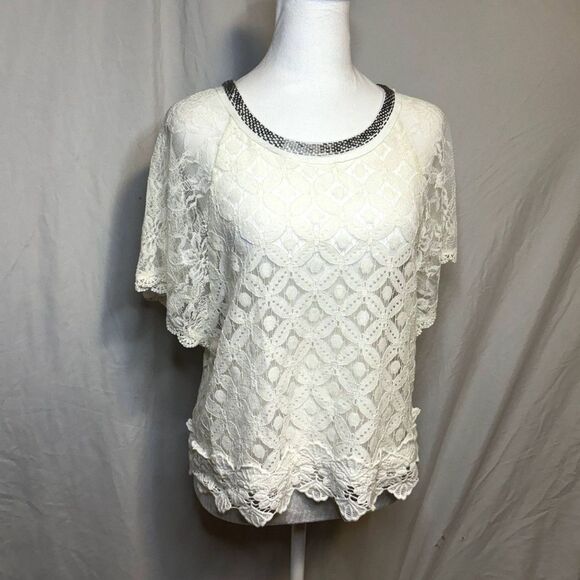 Miss Me Tops - Miss Me White Lace Floral Boho Beaded Crochet Top T Shirt Womens Designer NWOT